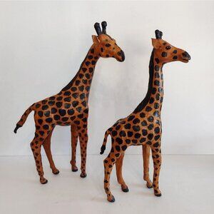 Vtg Set Of Hand Crafted Leather Wrapped Giraffe Figurines Statues 16" Glass Eye